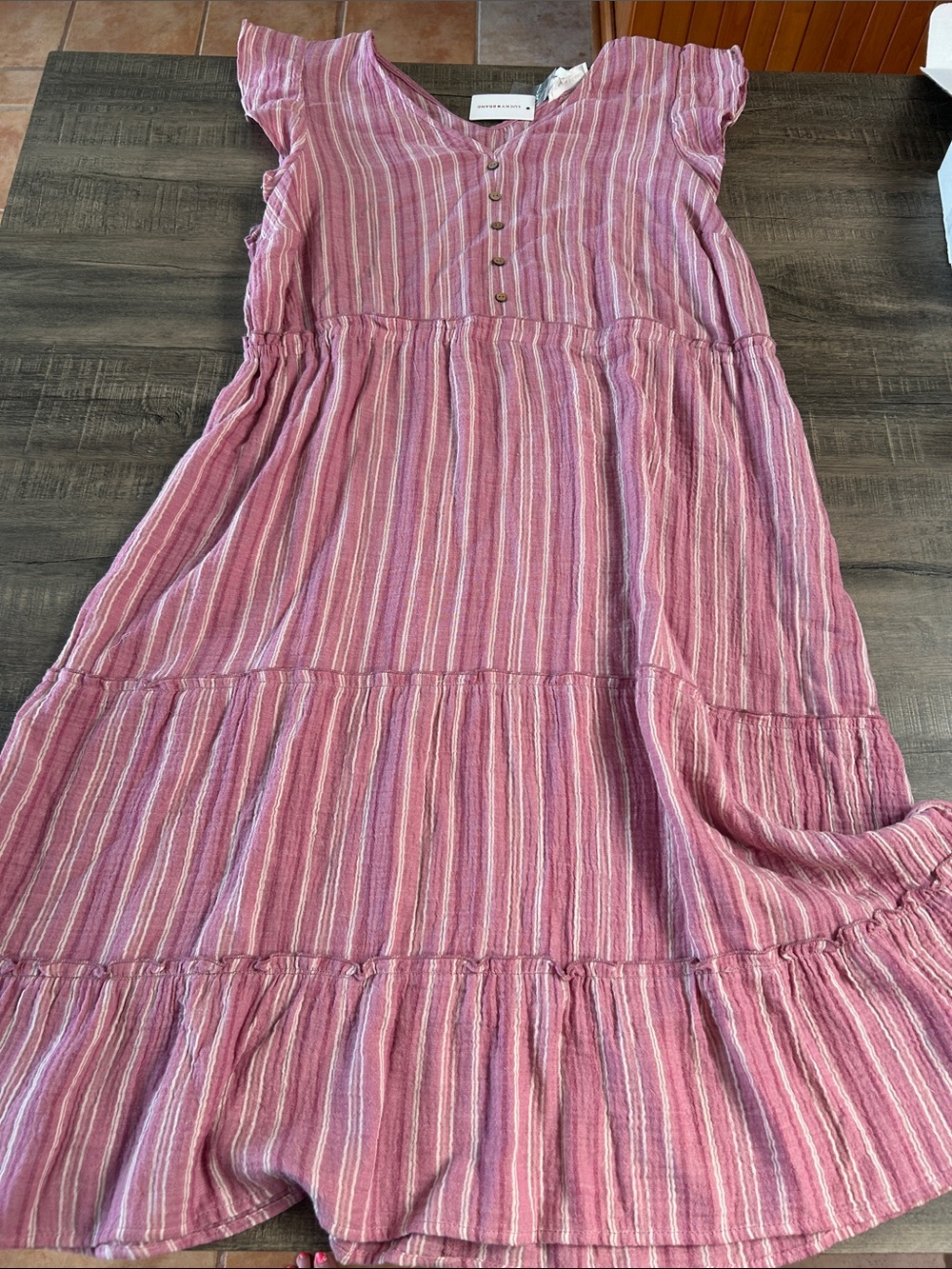 Lucky Brand Pink & White Striped Tiered Midi Dress